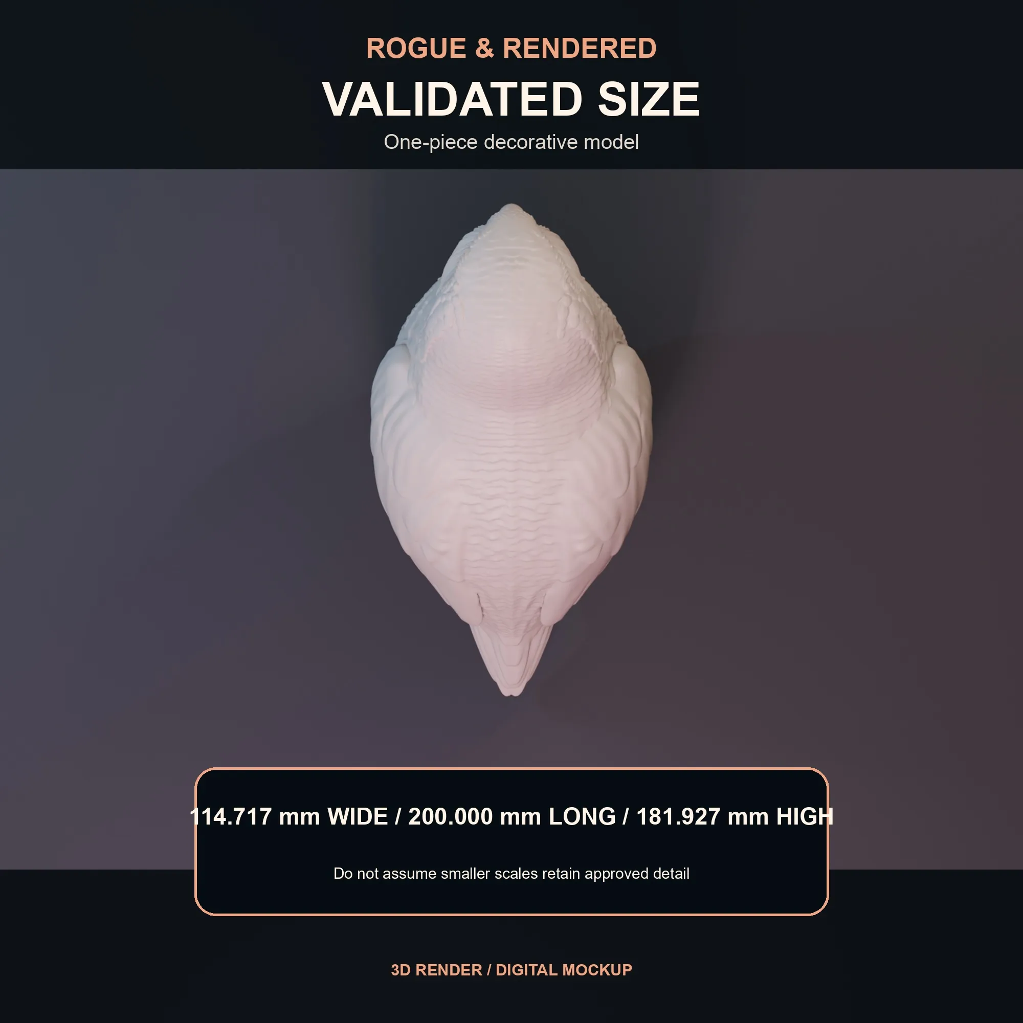 Dimension graphic for the kākāpō model showing 114.717 by 200 by 181.927 millimetres.