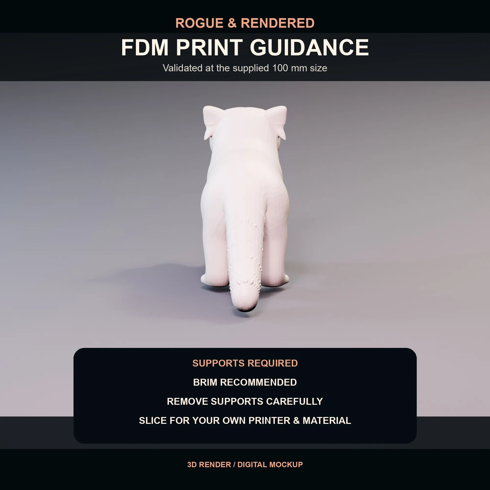 Print guidance graphic for supports and brim preparation of the red panda STL.