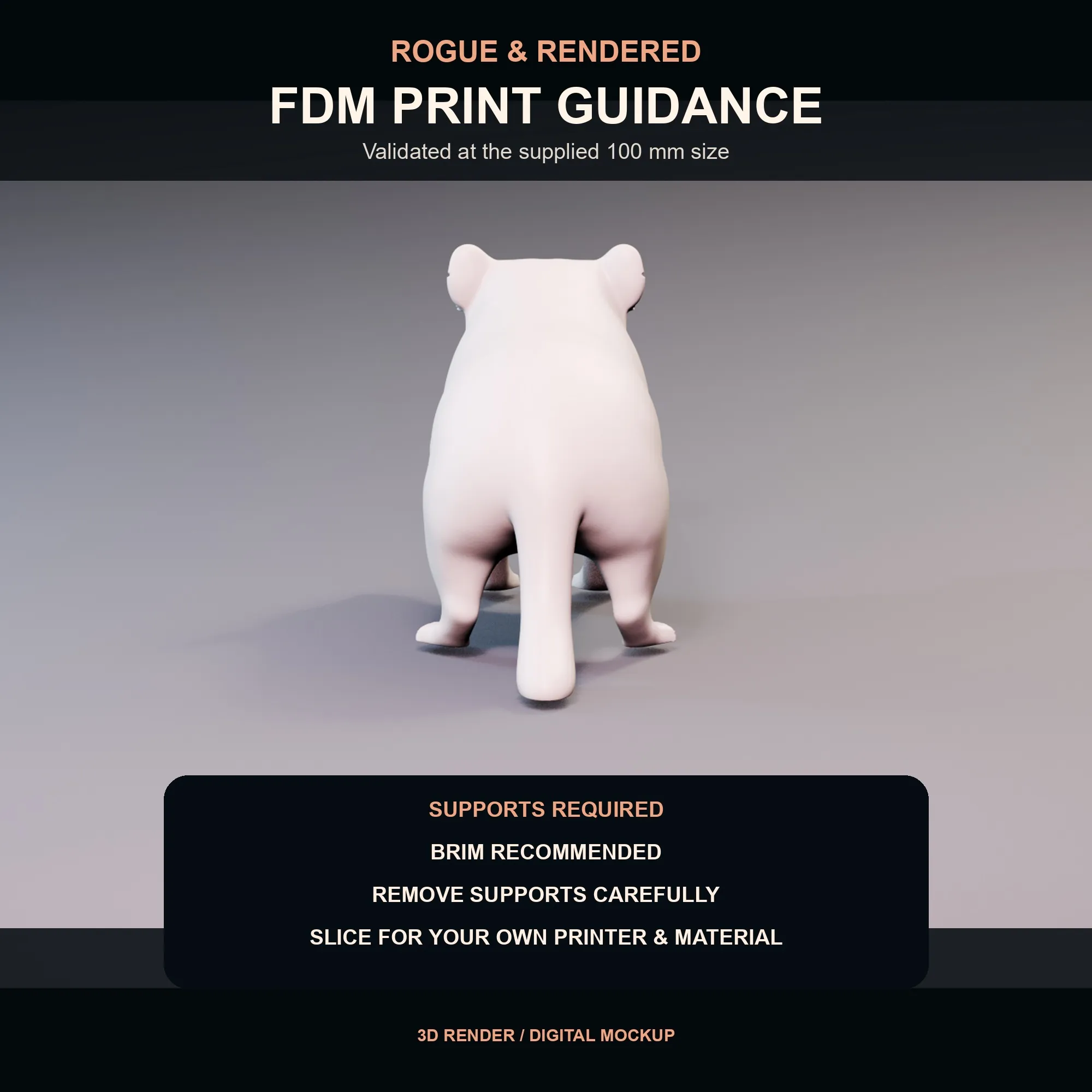 Print guidance graphic for supports and brim preparation of the Tasmanian devil STL.
