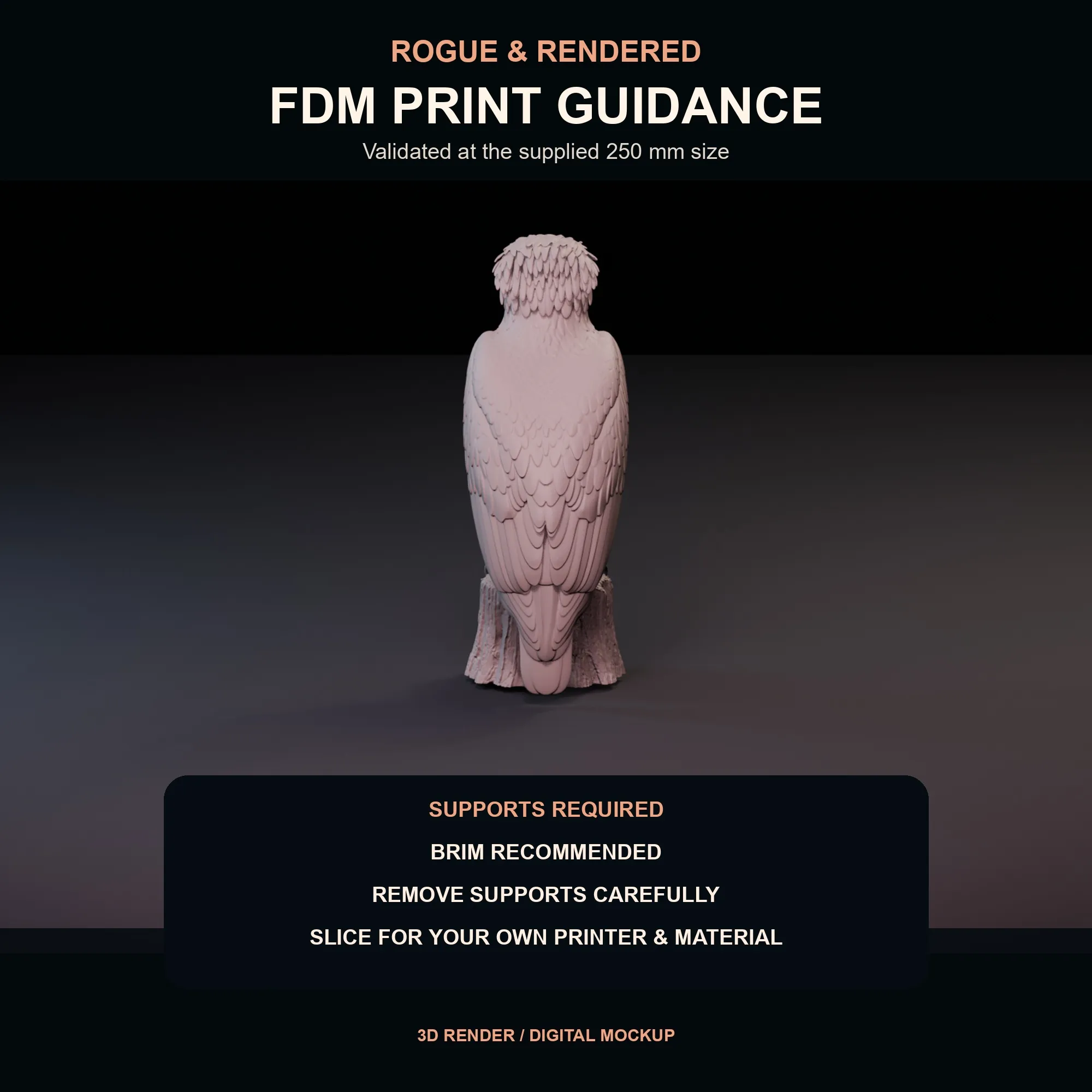 Print guidance graphic for supports and brim preparation of the Philippine eagle STL.