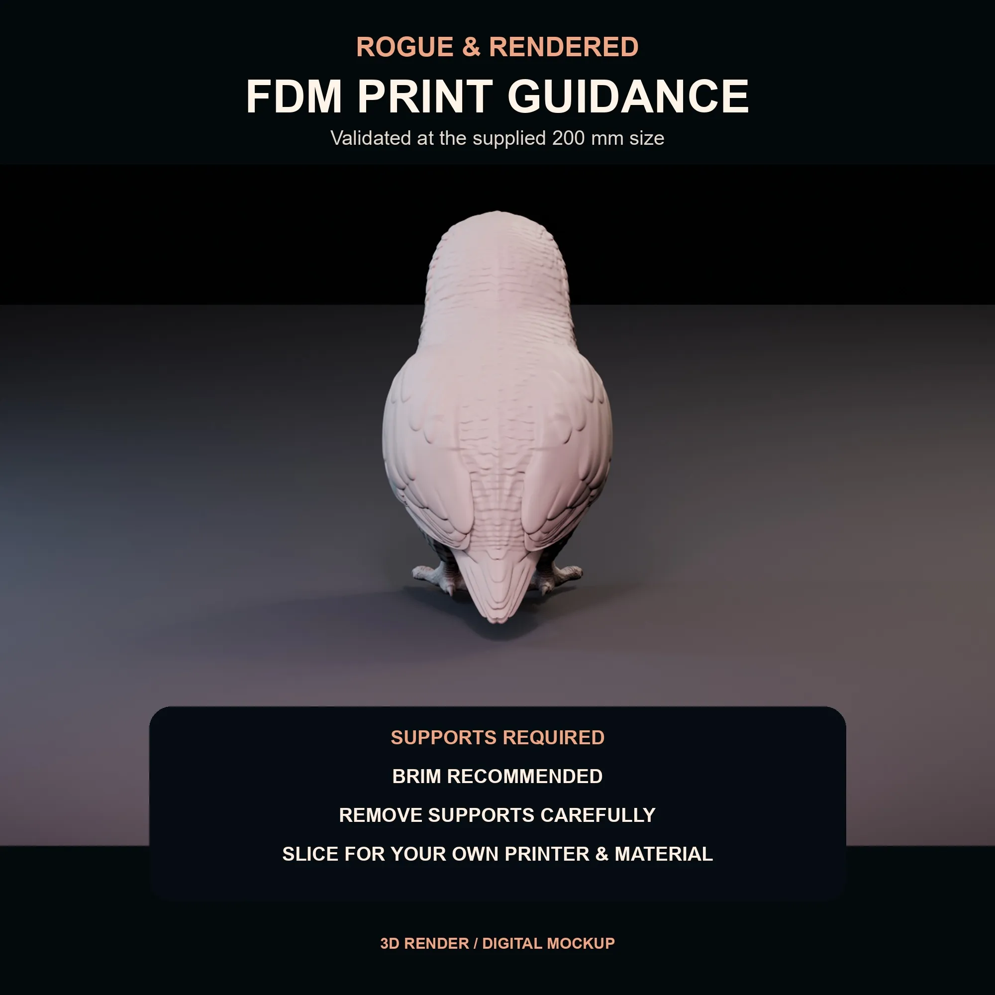 Print guidance graphic for supports and brim preparation of the kākāpō STL.