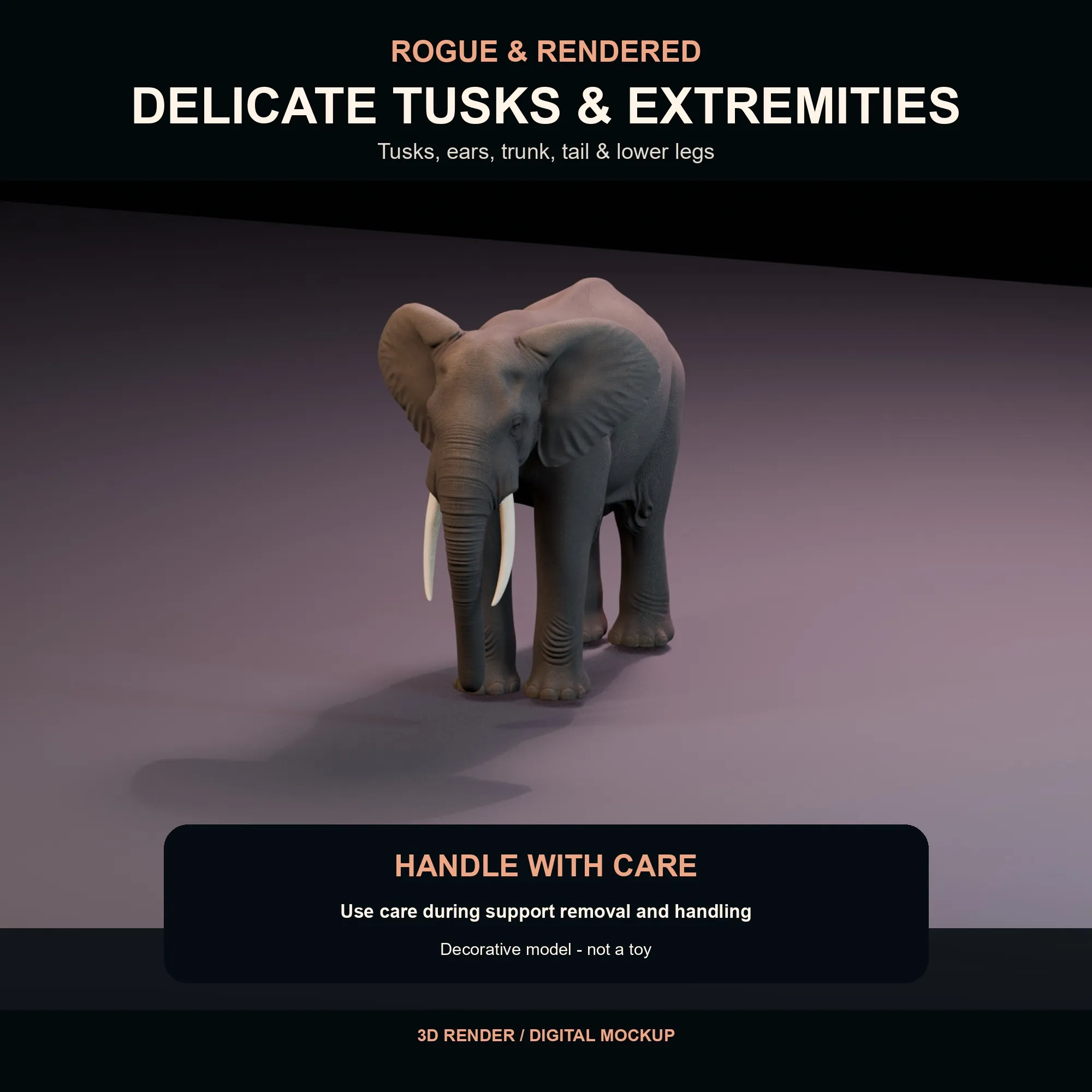 Detail render highlighting delicate tusk, trunk, ear, tail, and skin features.