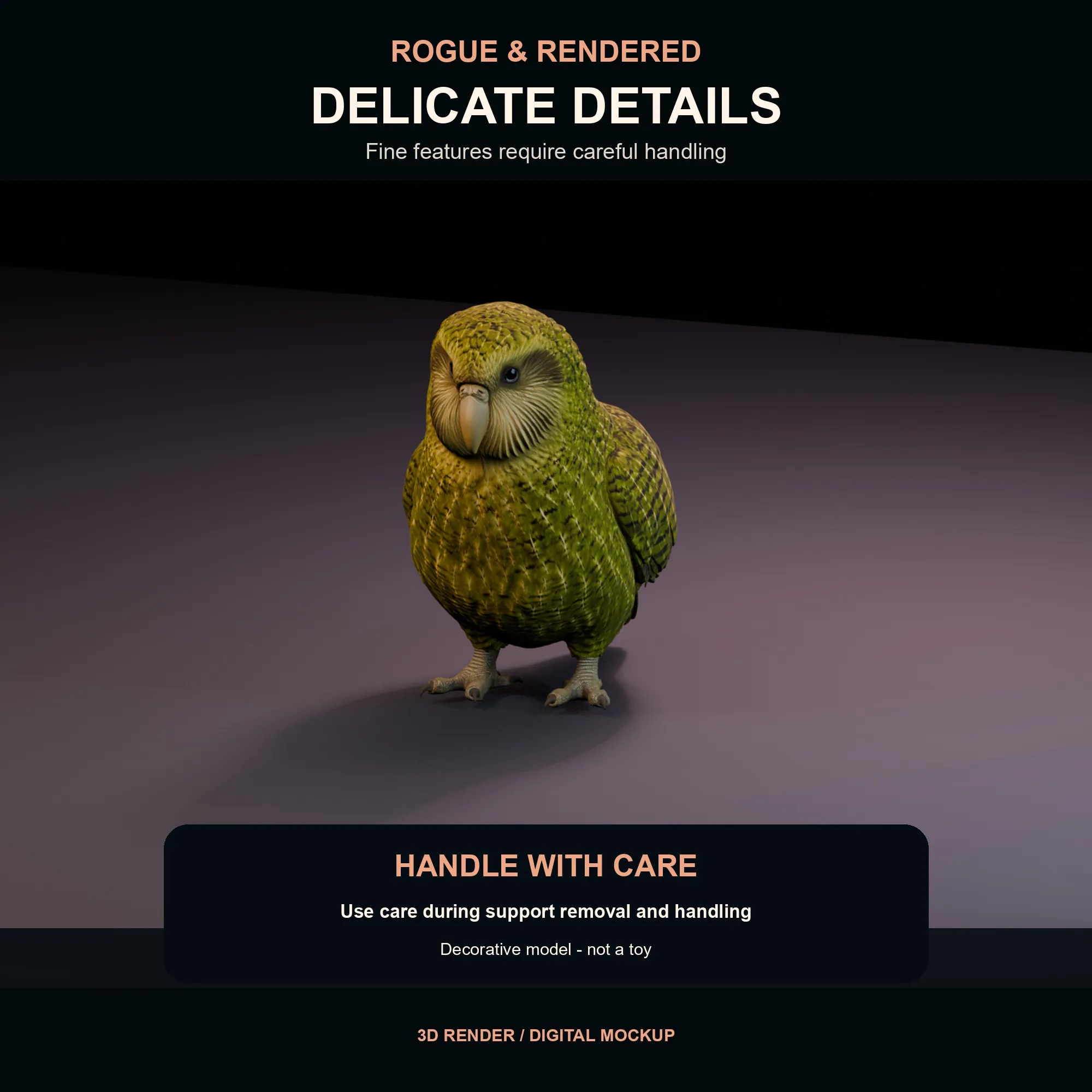Detail render highlighting delicate toes, claws, beak edges, wing tips, and tail feathers.