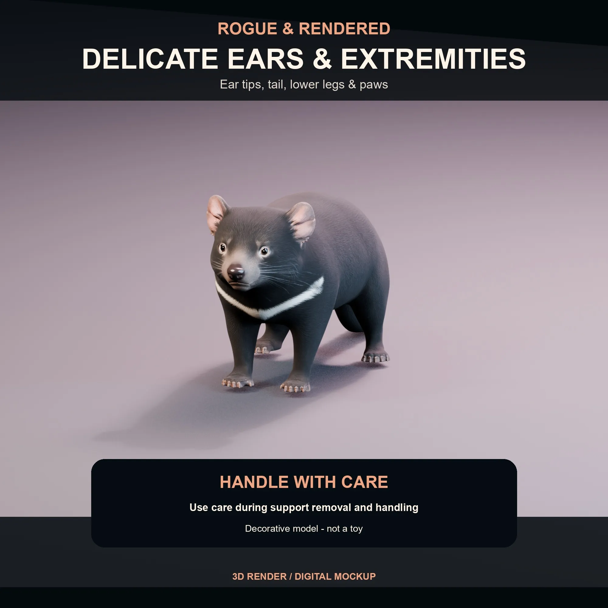 Detail render highlighting the Tasmanian devil ears, paws, tail, and underside.