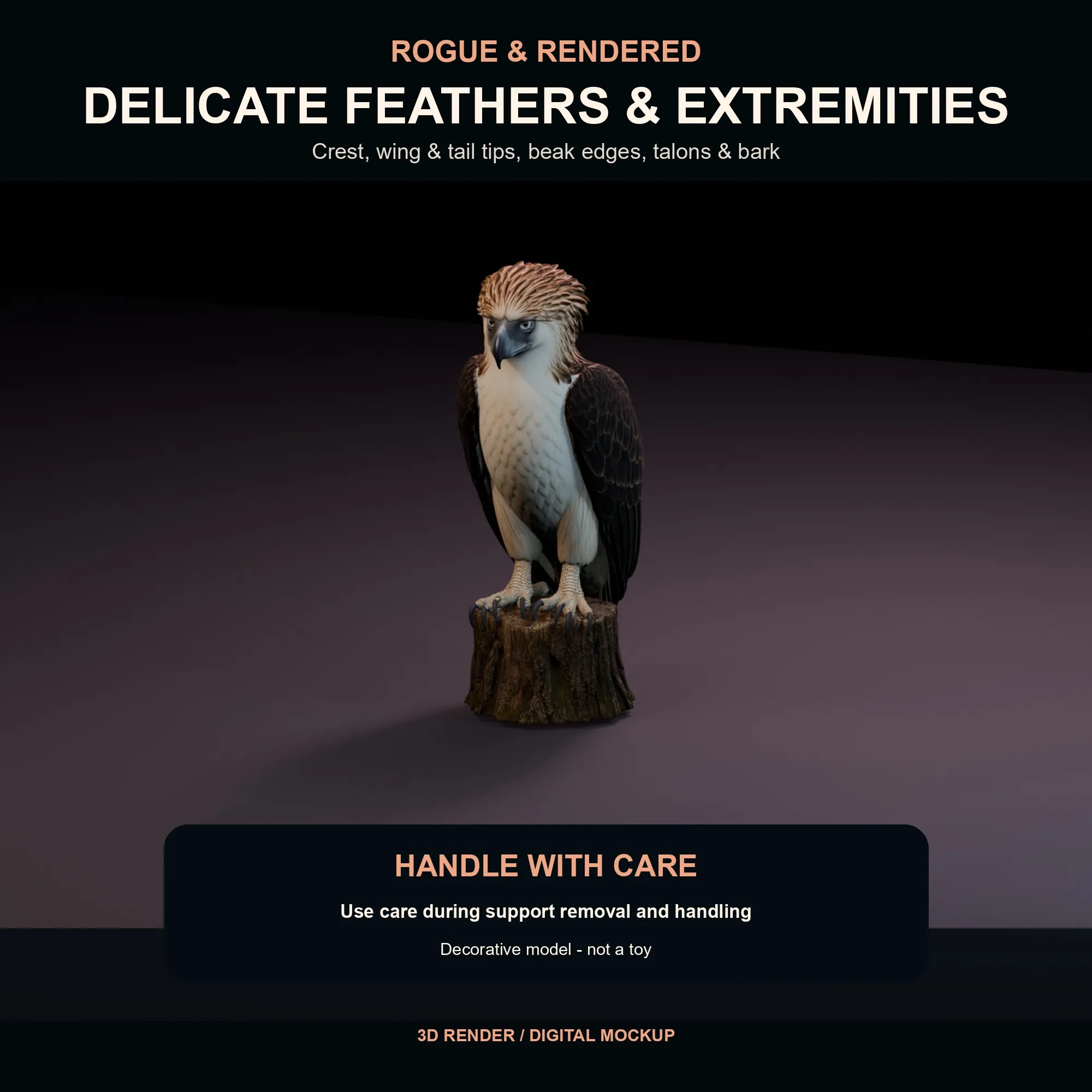 Detail render highlighting delicate feathers, beak, talons, and bark projections.
