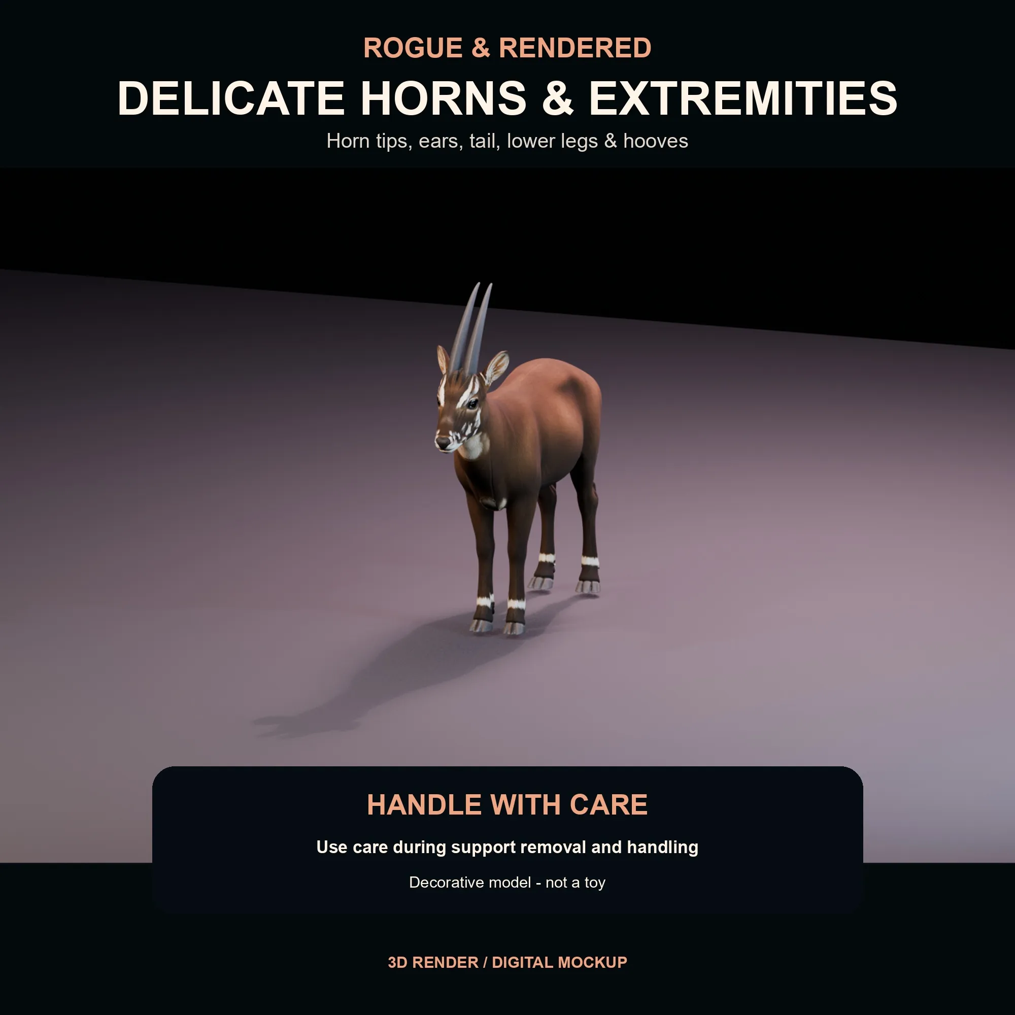 Detail render highlighting the delicate Saola horns, ears, tail, lower legs, hooves, and facial details.