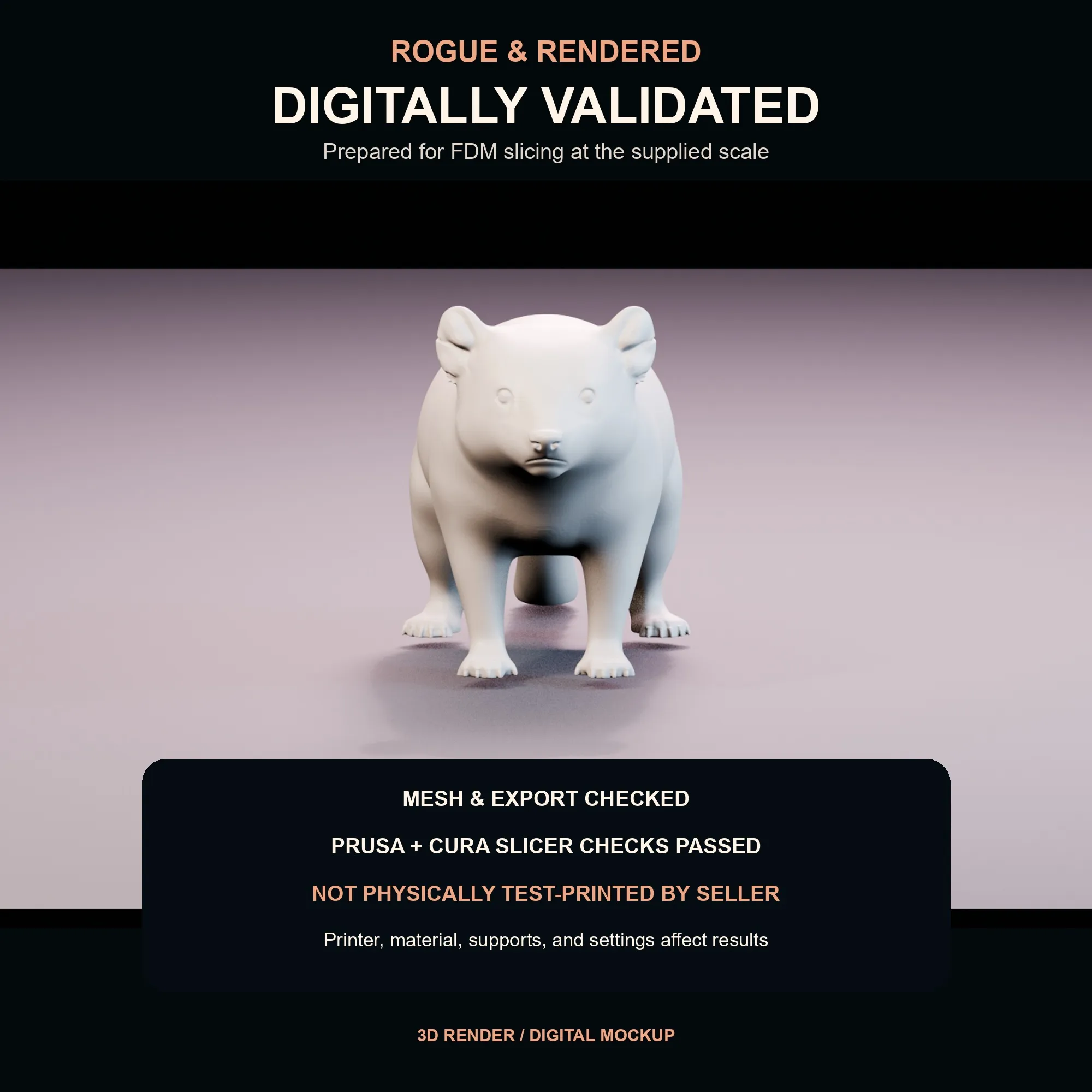 Digital validation graphic for the Tasmanian devil STL at the published 100 millimetre size.