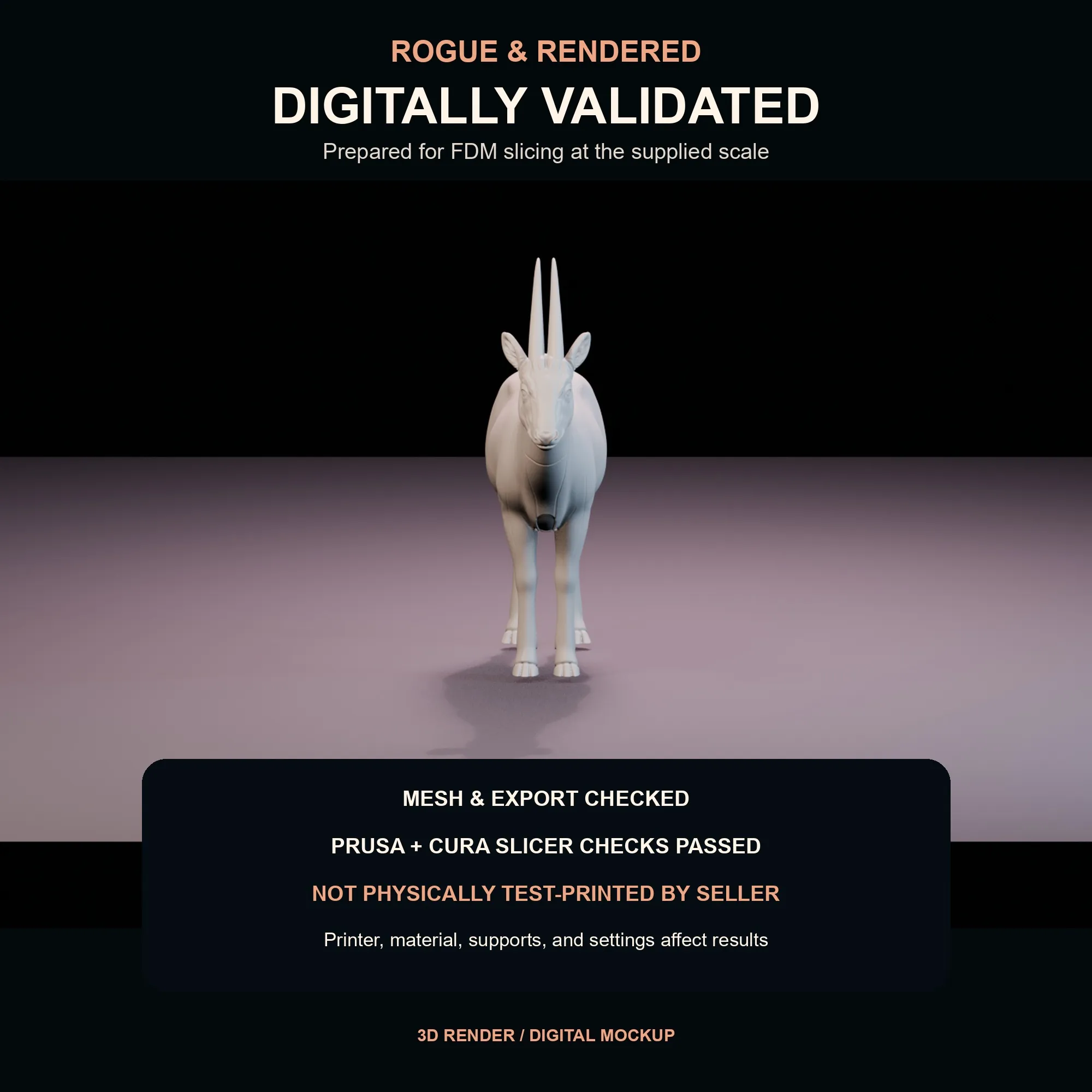 Digital validation graphic for the Saola STL at the published 150 millimetre size.