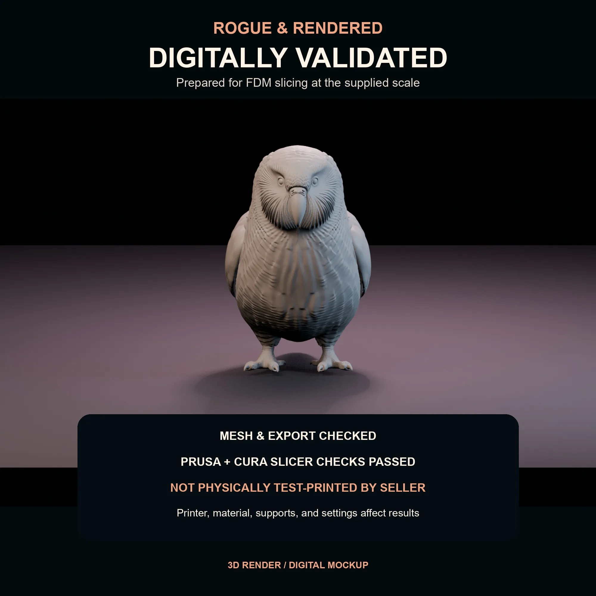 Digital validation graphic for the kākāpō STL at the published 200 millimetre size.