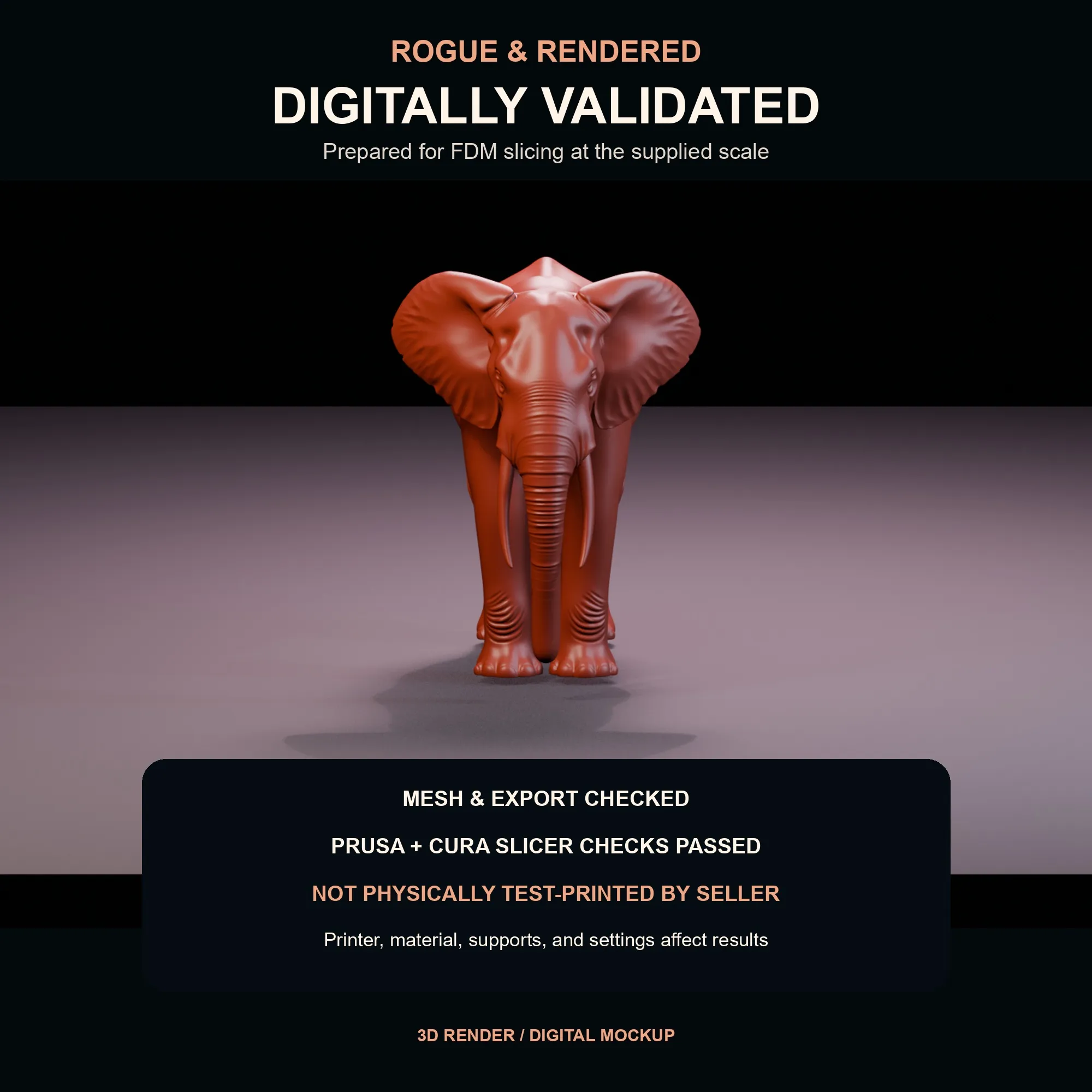 Digital validation graphic for the African forest elephant STL at the published 165 millimetre size.