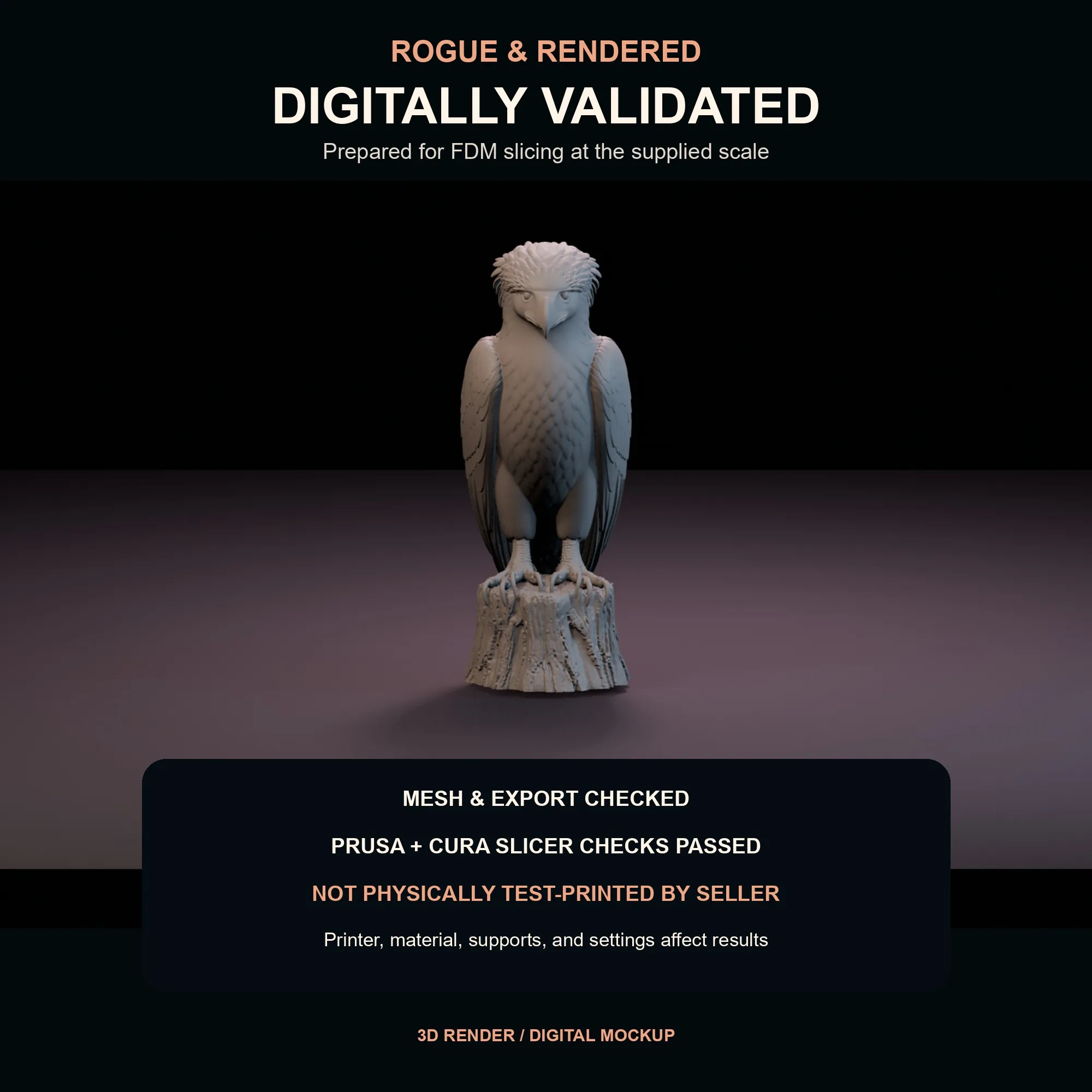 Digital validation graphic for the Philippine eagle STL at the published 250 millimetre size.