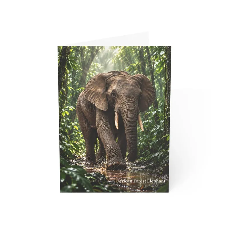 African forest elephant wildlife greeting card mockup with rainforest artwork on the front.