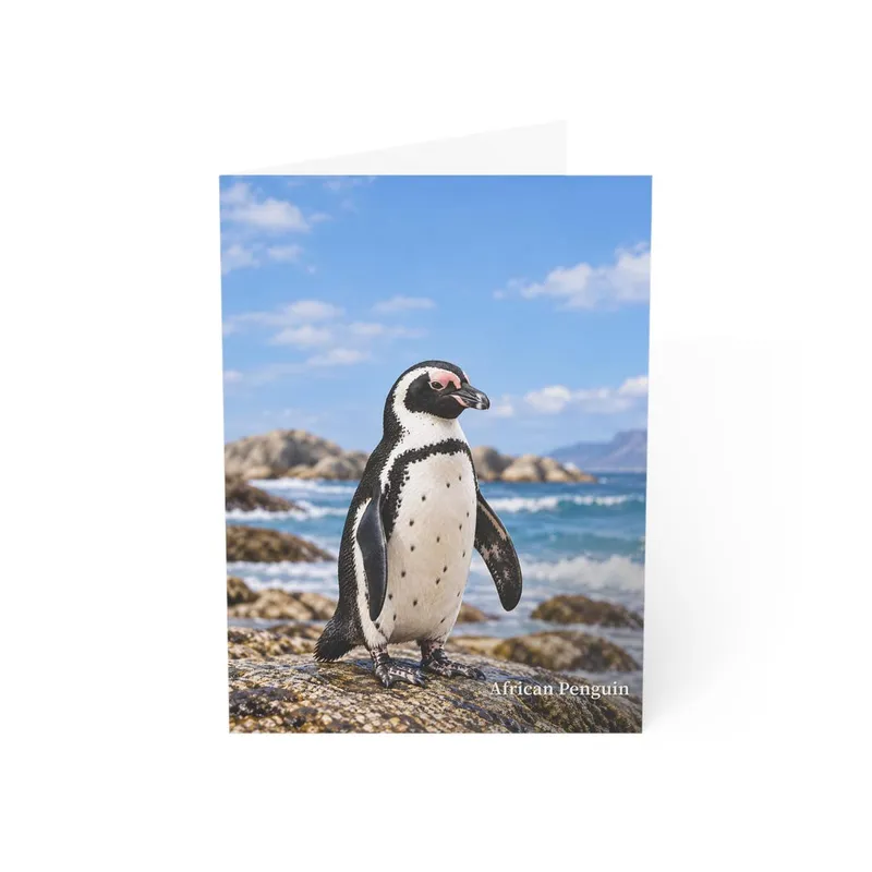 African penguin wildlife greeting card mockup with a coastal scene on the front.