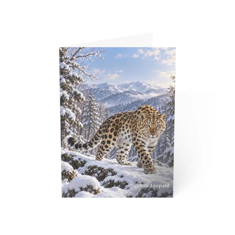 Amur leopard wildlife greeting card mockup with snowy mountain artwork on the front.