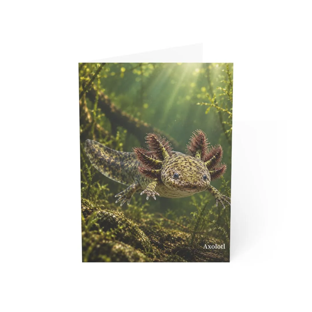 Axolotl wildlife greeting card mockup with a sunlit underwater scene on the front.