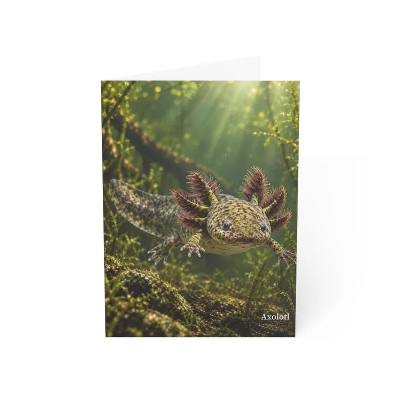 Axolotl wildlife greeting card mockup with a sunlit underwater scene on the front.