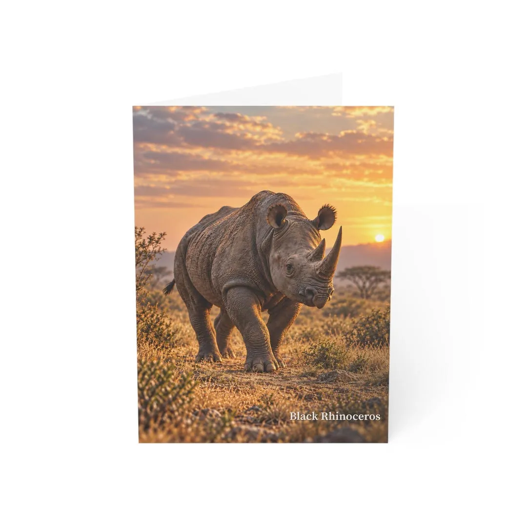 Black rhinoceros wildlife greeting card mockup with sunset savanna artwork on the front.