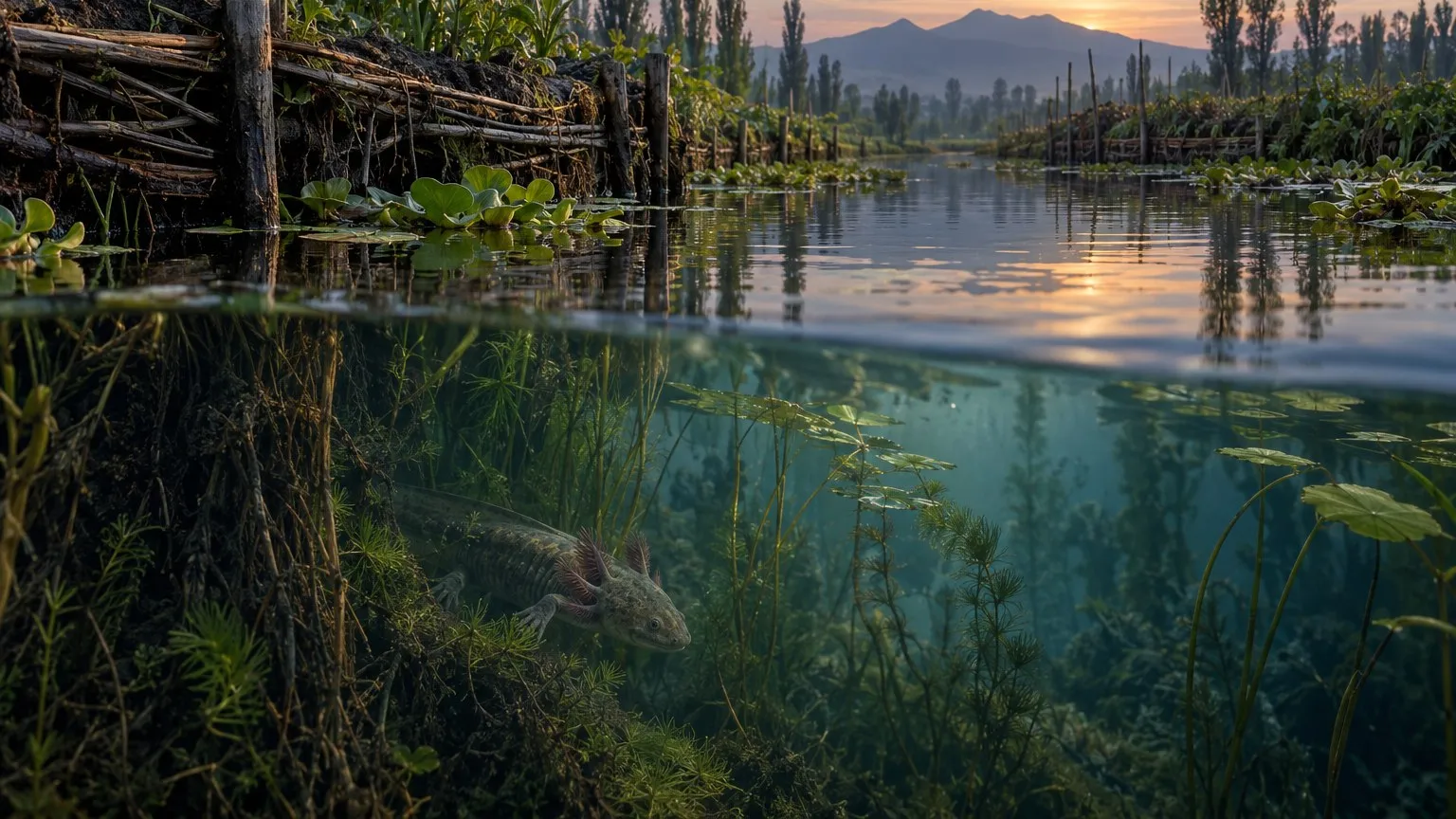 Split-view editorial reconstruction of a Xochimilco canal habitat, with an axolotl below the waterline and chinampa edge above it.