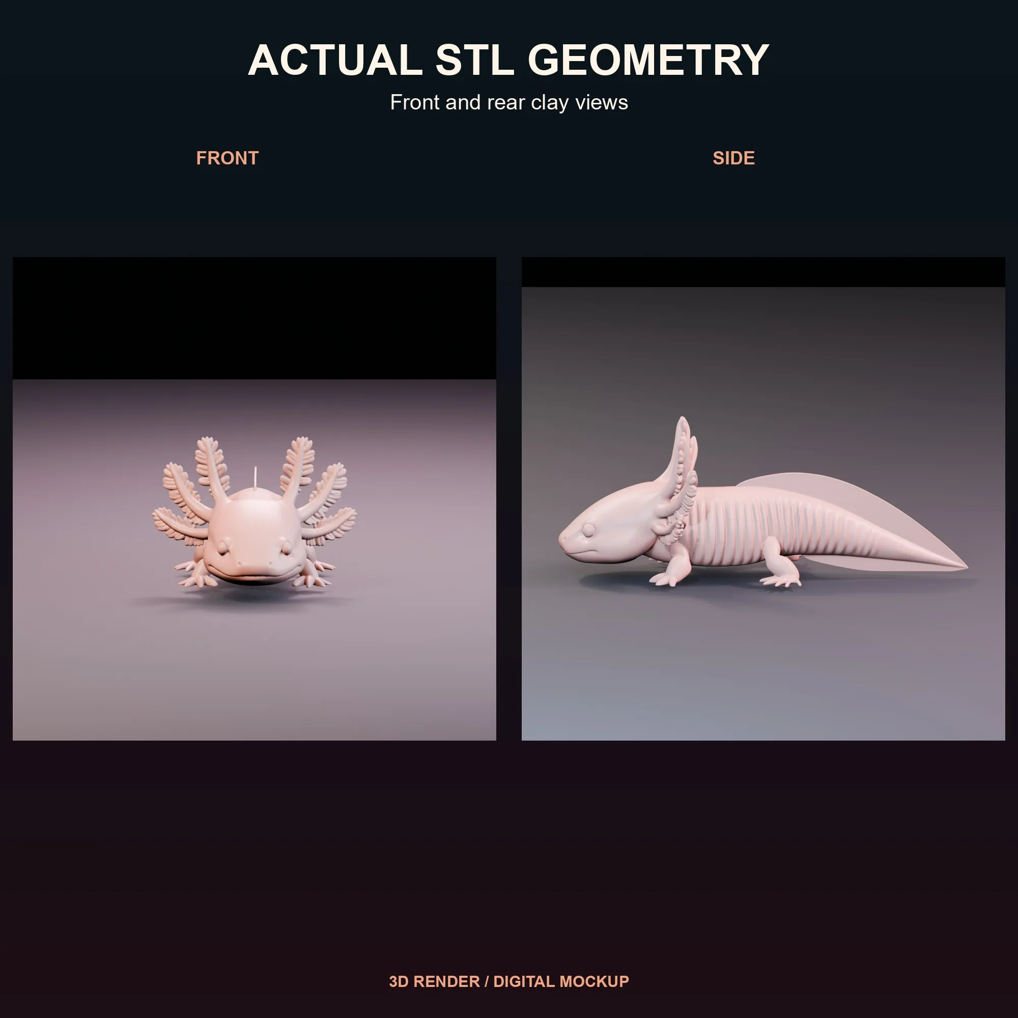 Untextured view that shows the actual rosy axolotl STL geometry.