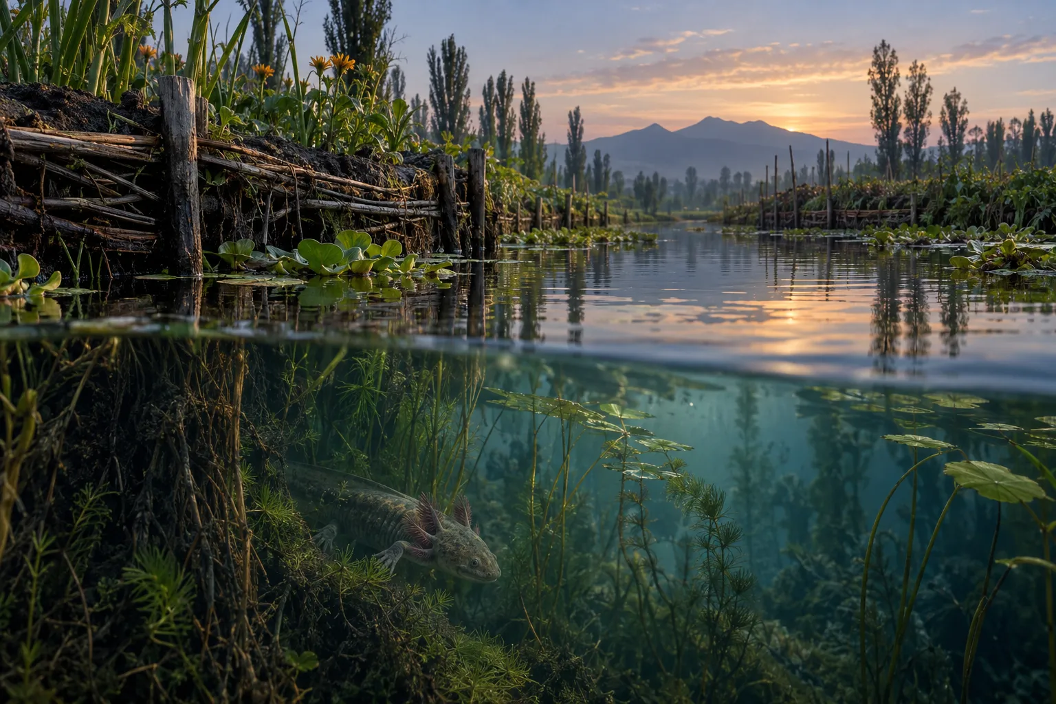 Full editorial canal reconstruction showing the sky and chinampa edges above water, with an axolotl and plants below the waterline.