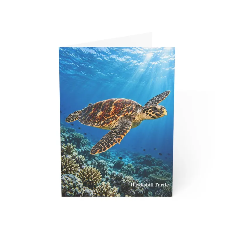Hawksbill turtle wildlife greeting card mockup with coral reef artwork on the front.