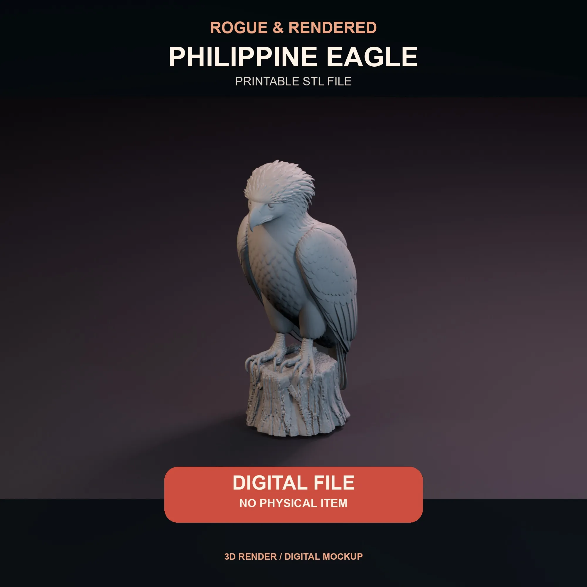 Digital render of an untextured Philippine eagle STL model perched on a short stump.