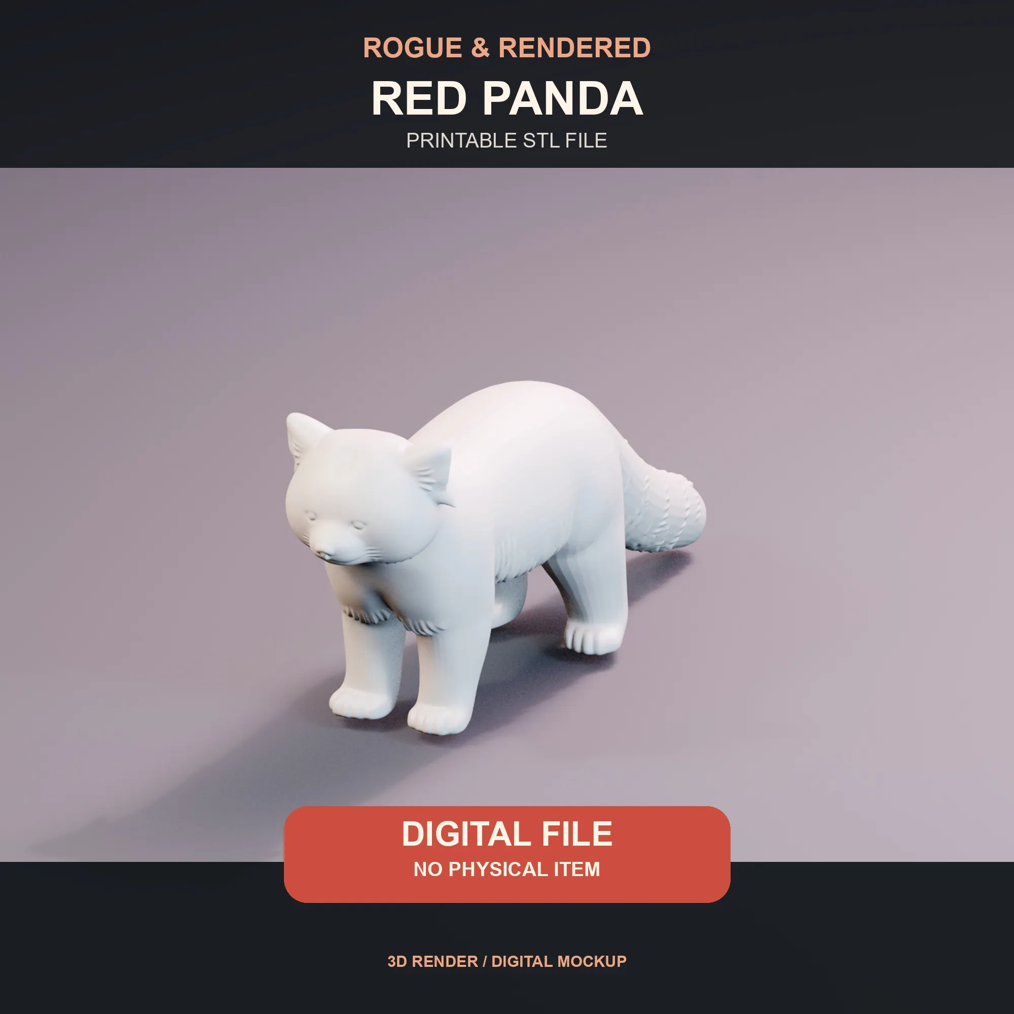 Digital render of an untextured red panda STL model standing in profile on a studio floor.