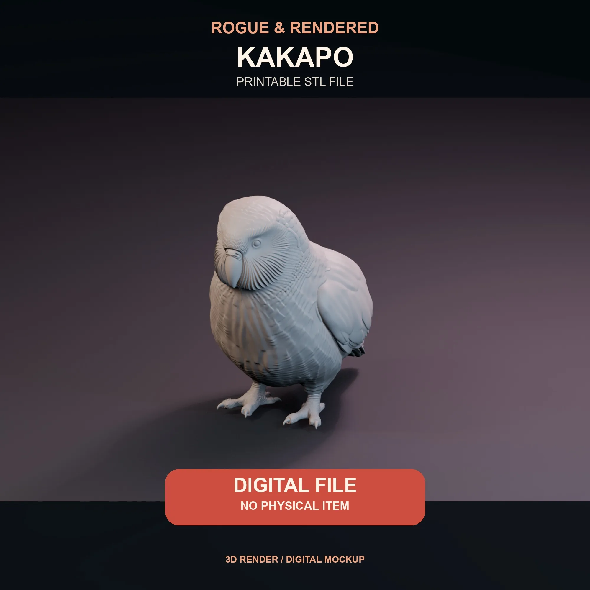 Digital render of an untextured kākāpō STL model standing on a studio floor.
