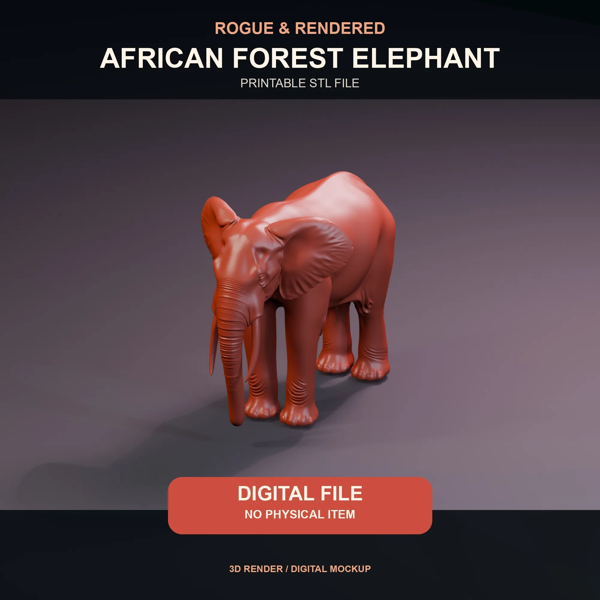 Three-quarter digital render of a red African forest elephant STL model on a studio background.