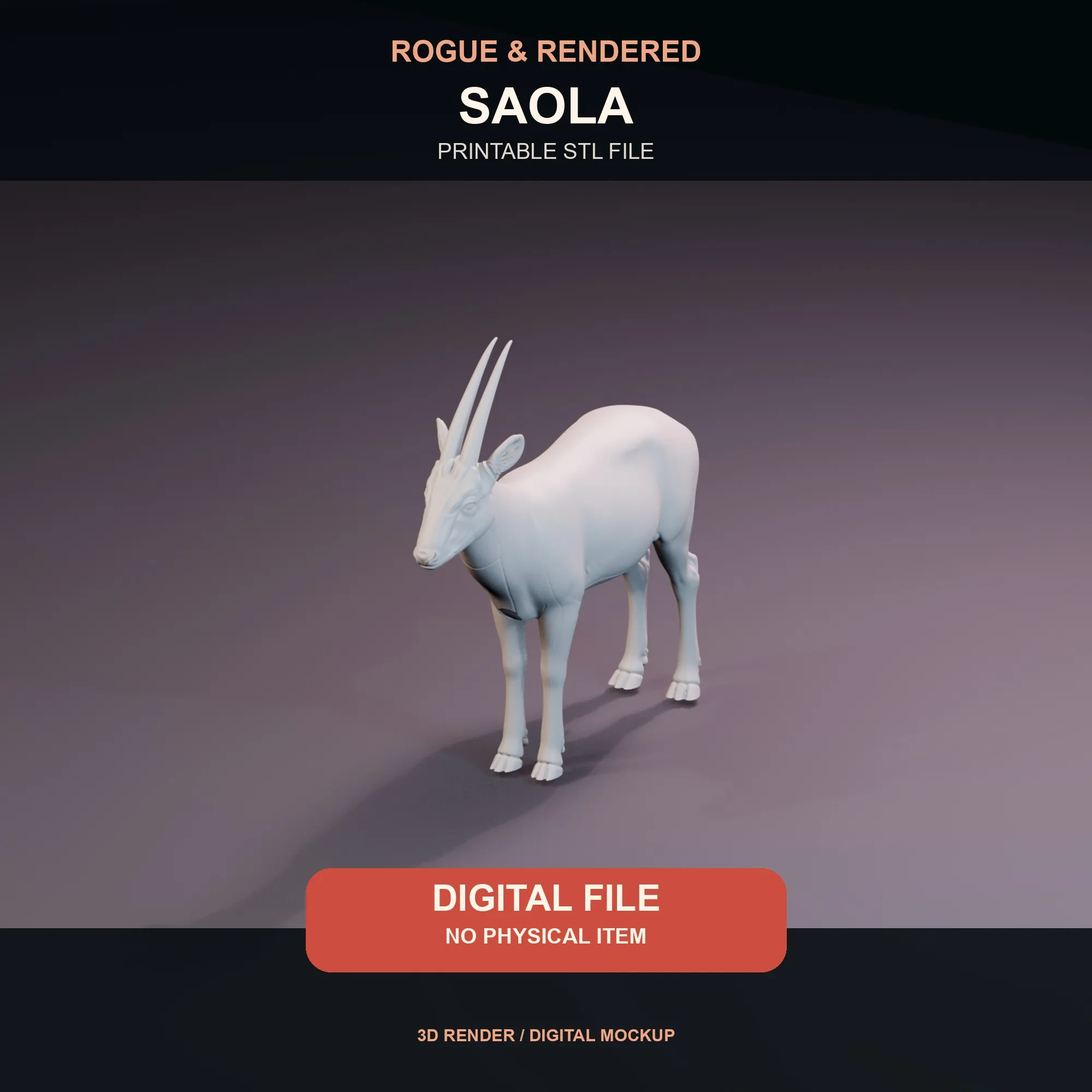 Digital render of an untextured saola STL model with long paired horns on a studio floor.