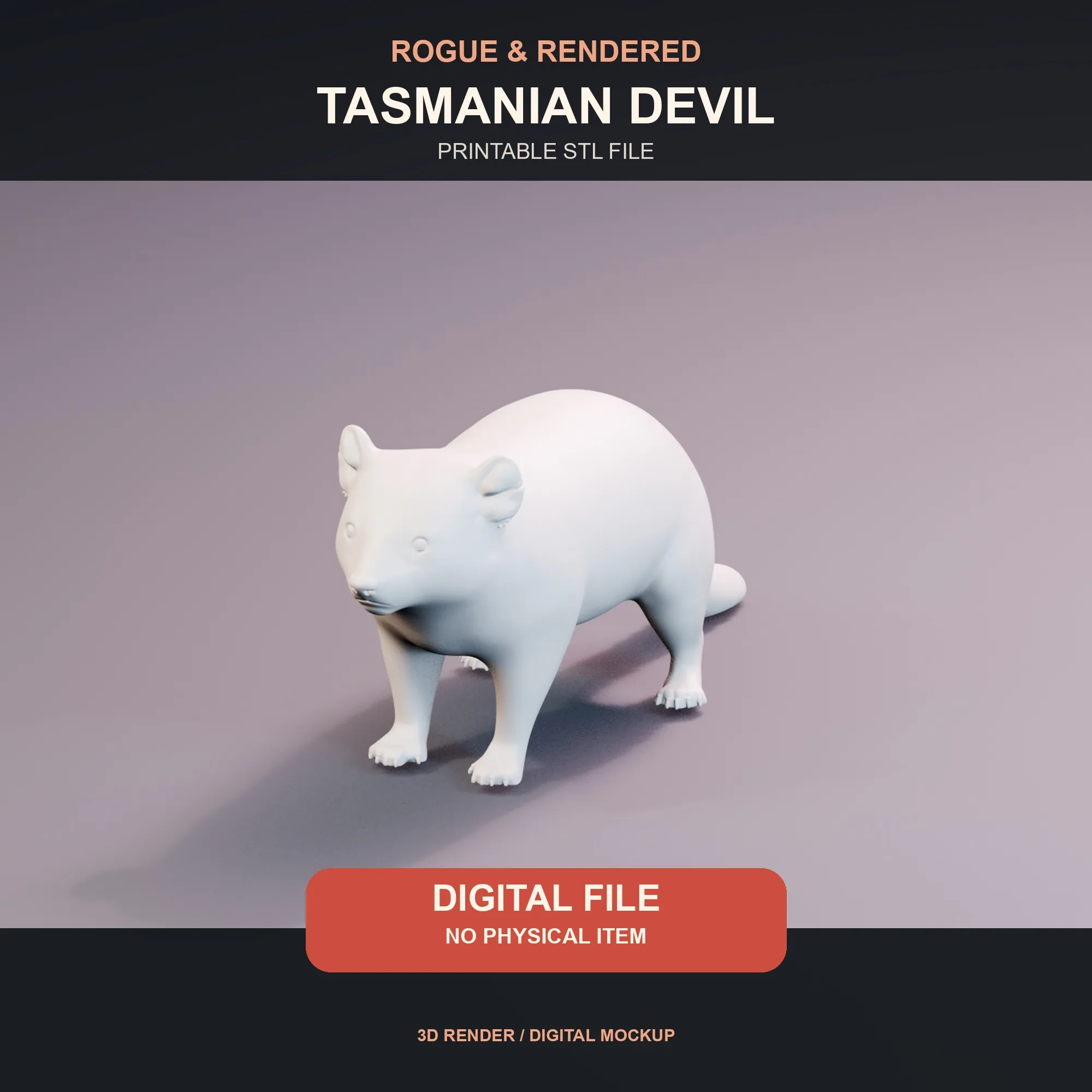 Digital render of an untextured Tasmanian devil STL model in profile.