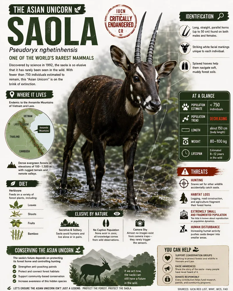 Saola educational infographic poster with species facts, habitat, threats, and conservation information.