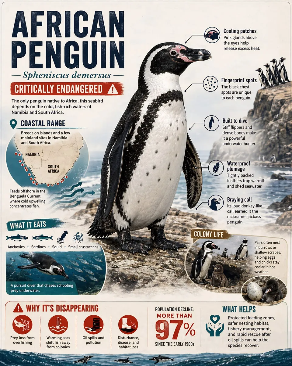 African penguin infographic print with a penguin portrait and illustrated fact panels.
