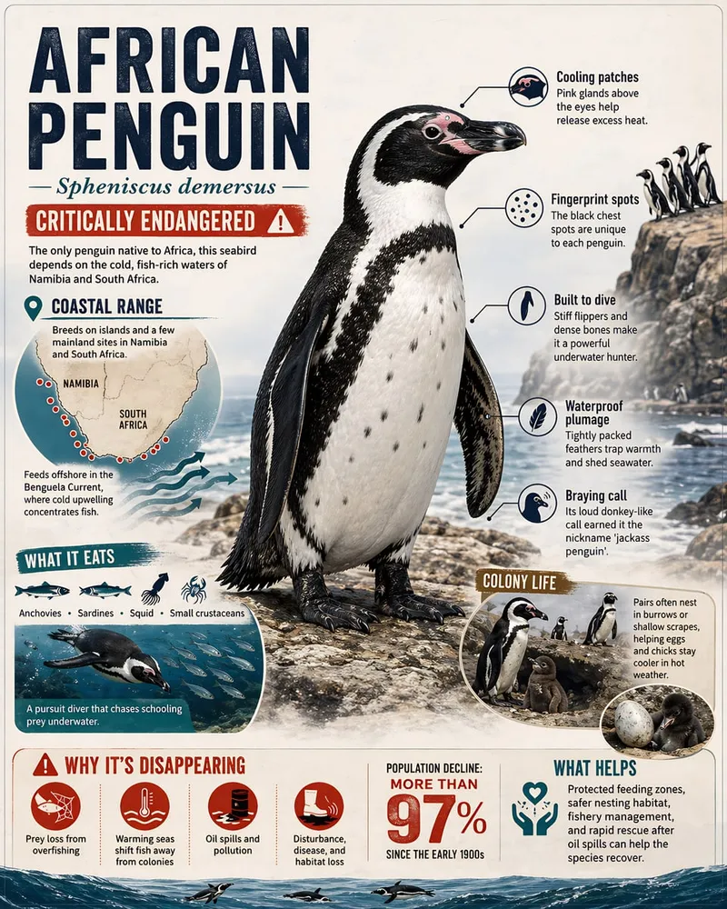 African penguin infographic print with a penguin portrait and illustrated fact panels.