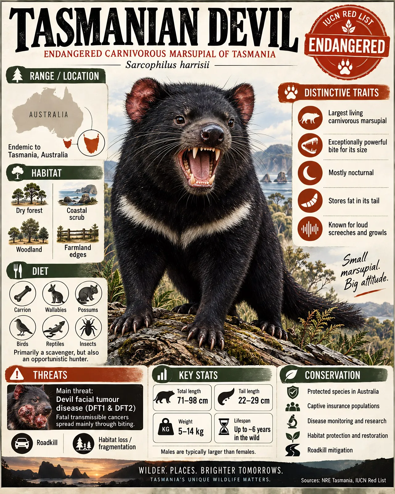 Tasmanian devil educational infographic poster with wildlife, habitat, biology, behaviour, and conservation information.
