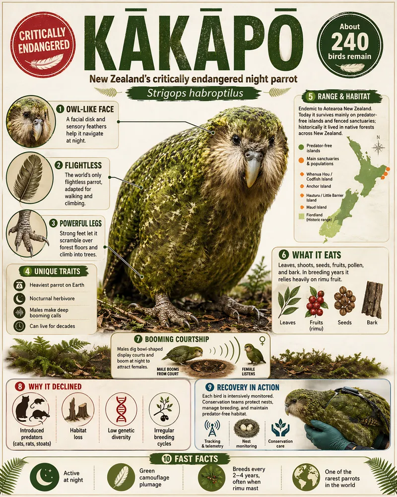 Kākāpō educational infographic poster with species facts, habitat, threats, and conservation information.