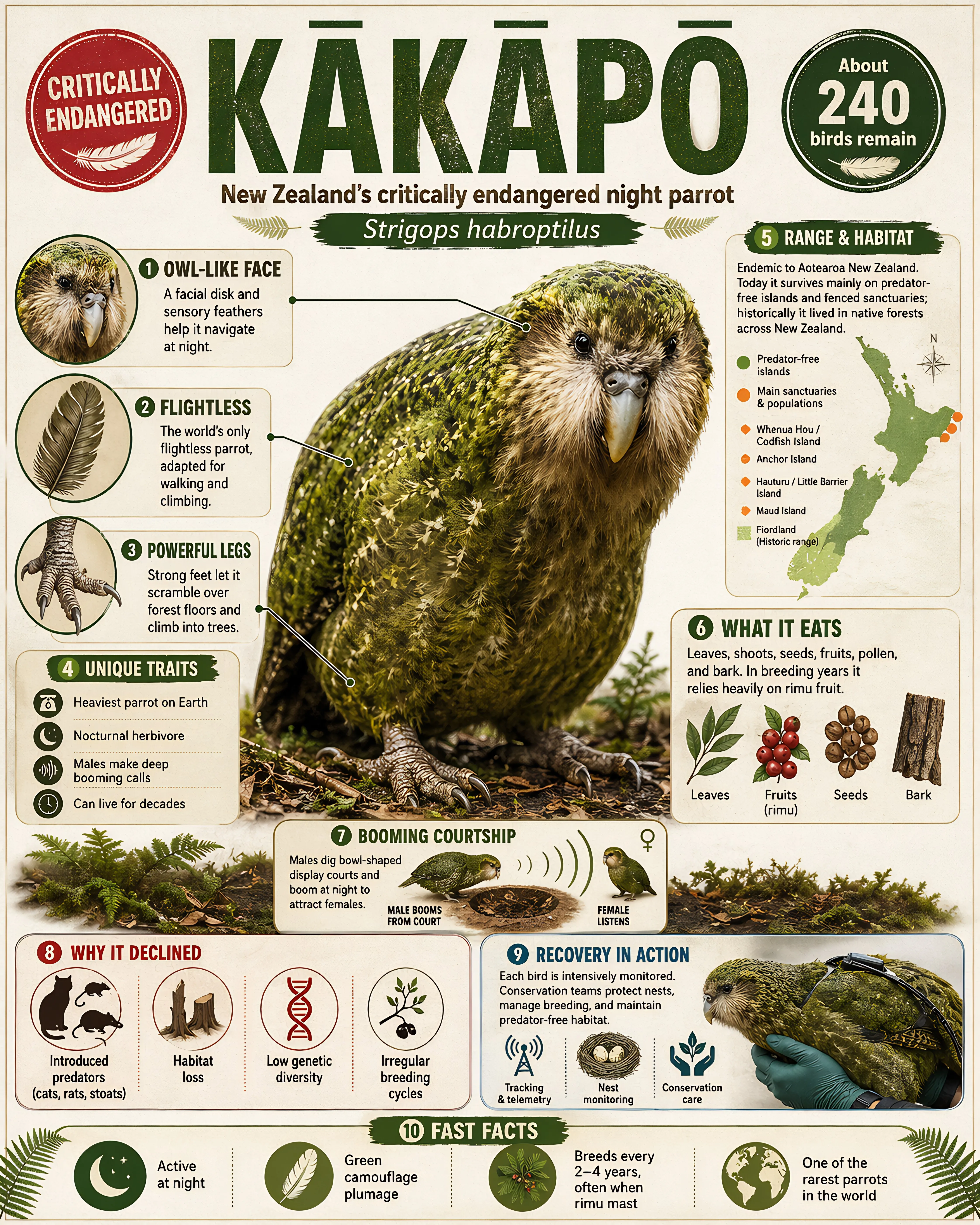 Kākāpō educational infographic poster with species facts, habitat, threats, and conservation information.