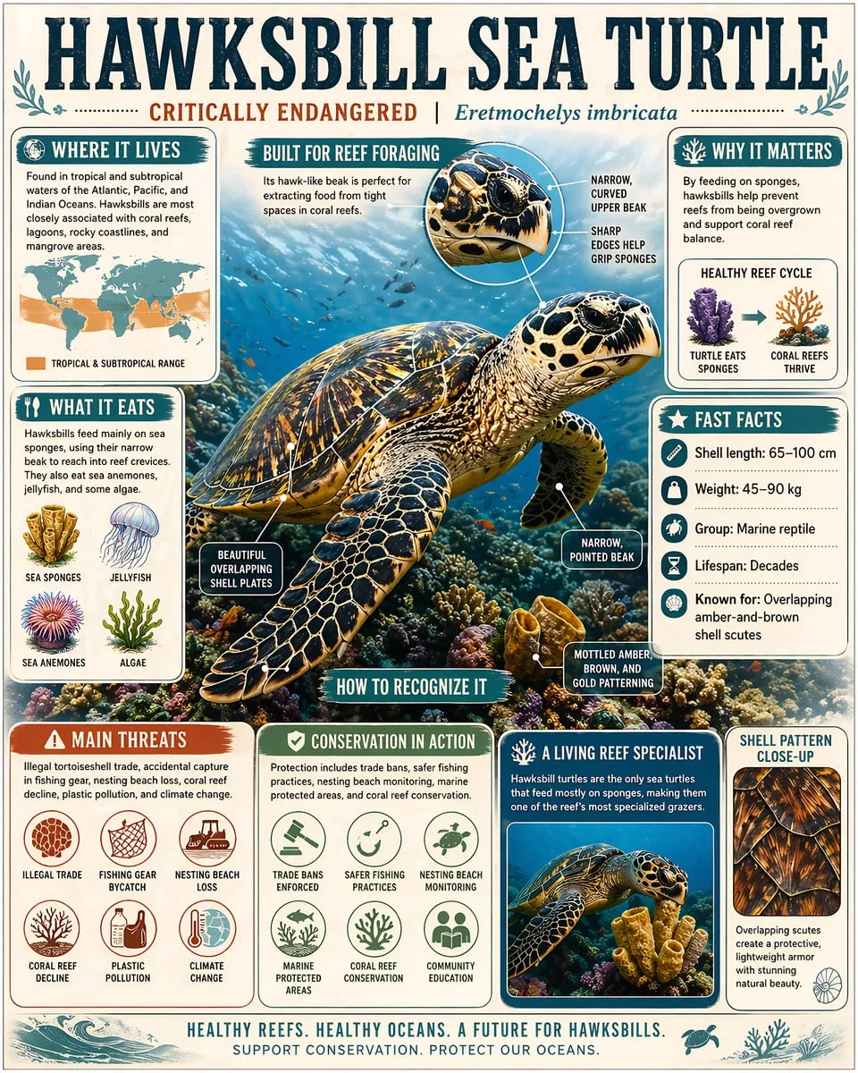 Hawksbill sea turtle infographic print with a swimming turtle portrait and illustrated fact panels.