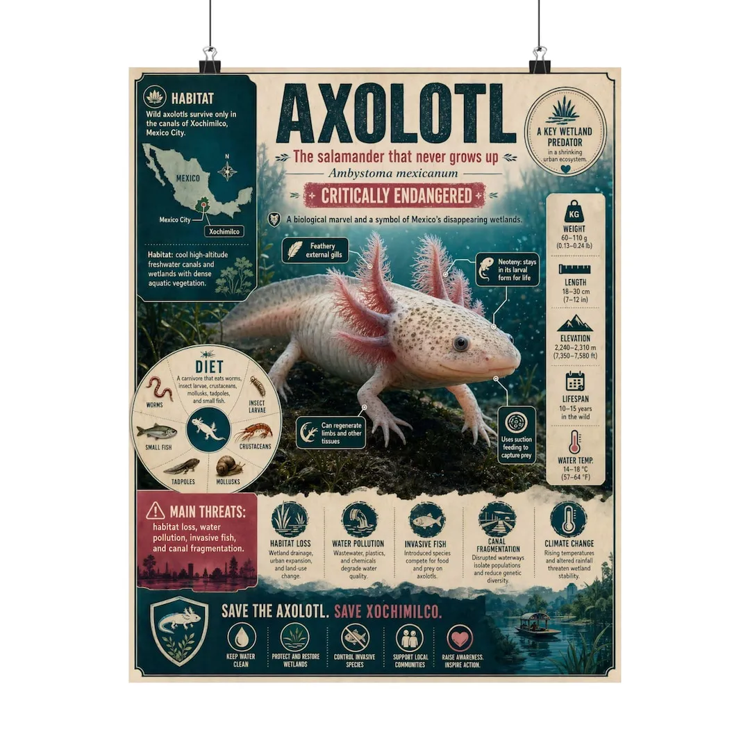 Axolotl educational infographic poster with natural-history illustrations and facts.