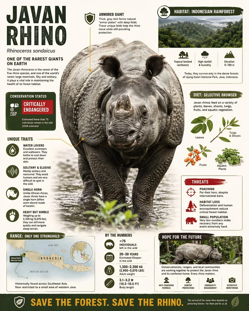 Javan rhino infographic print with a rhinoceros portrait and illustrated fact panels.