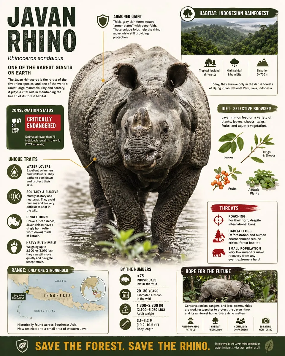 Javan rhino infographic print with a rhinoceros portrait and illustrated fact panels.