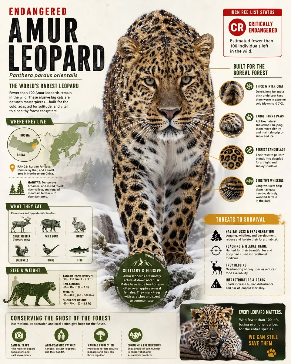 Amur leopard infographic print with a leopard portrait and illustrated fact panels.