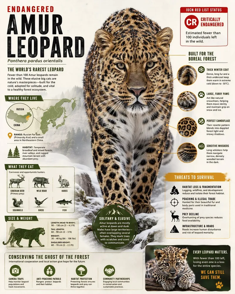 Amur leopard infographic print with a leopard portrait and illustrated fact panels.
