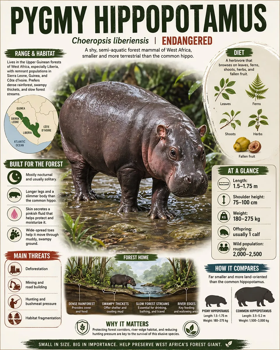 Pygmy hippopotamus infographic print with a central animal portrait and illustrated fact panels.