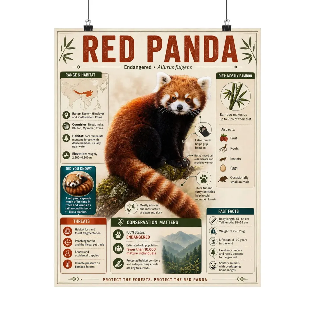 Red Panda educational infographic poster with habitat, diet, adaptations, threats, and conservation information.