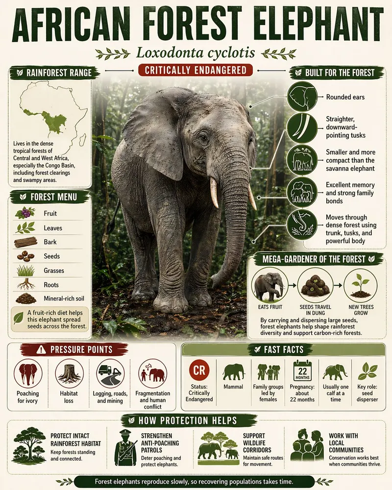 African forest elephant educational infographic poster with species facts, habitat, diet, threats, and conservation information.