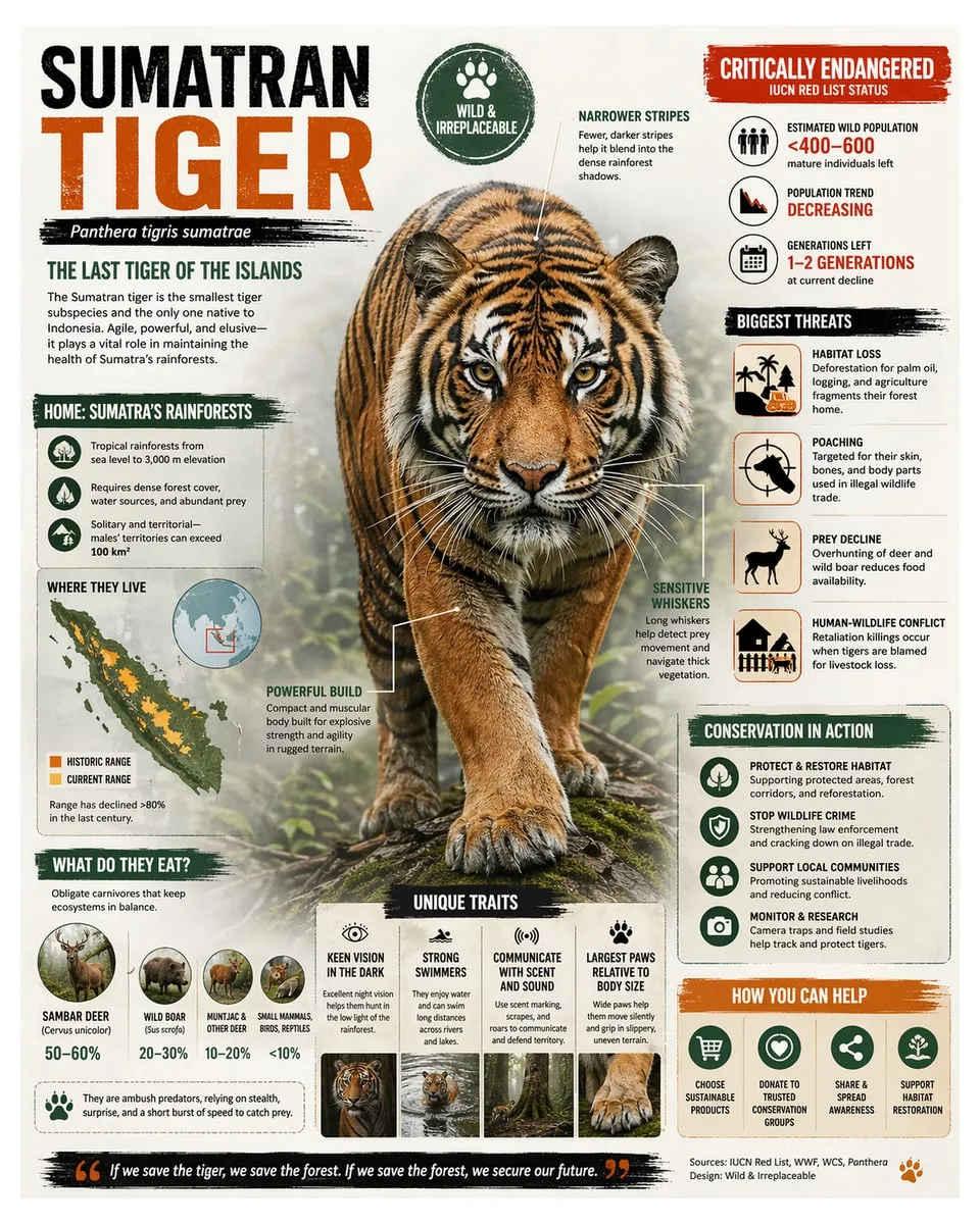 Sumatran tiger infographic print with a striped tiger portrait and illustrated fact panels.