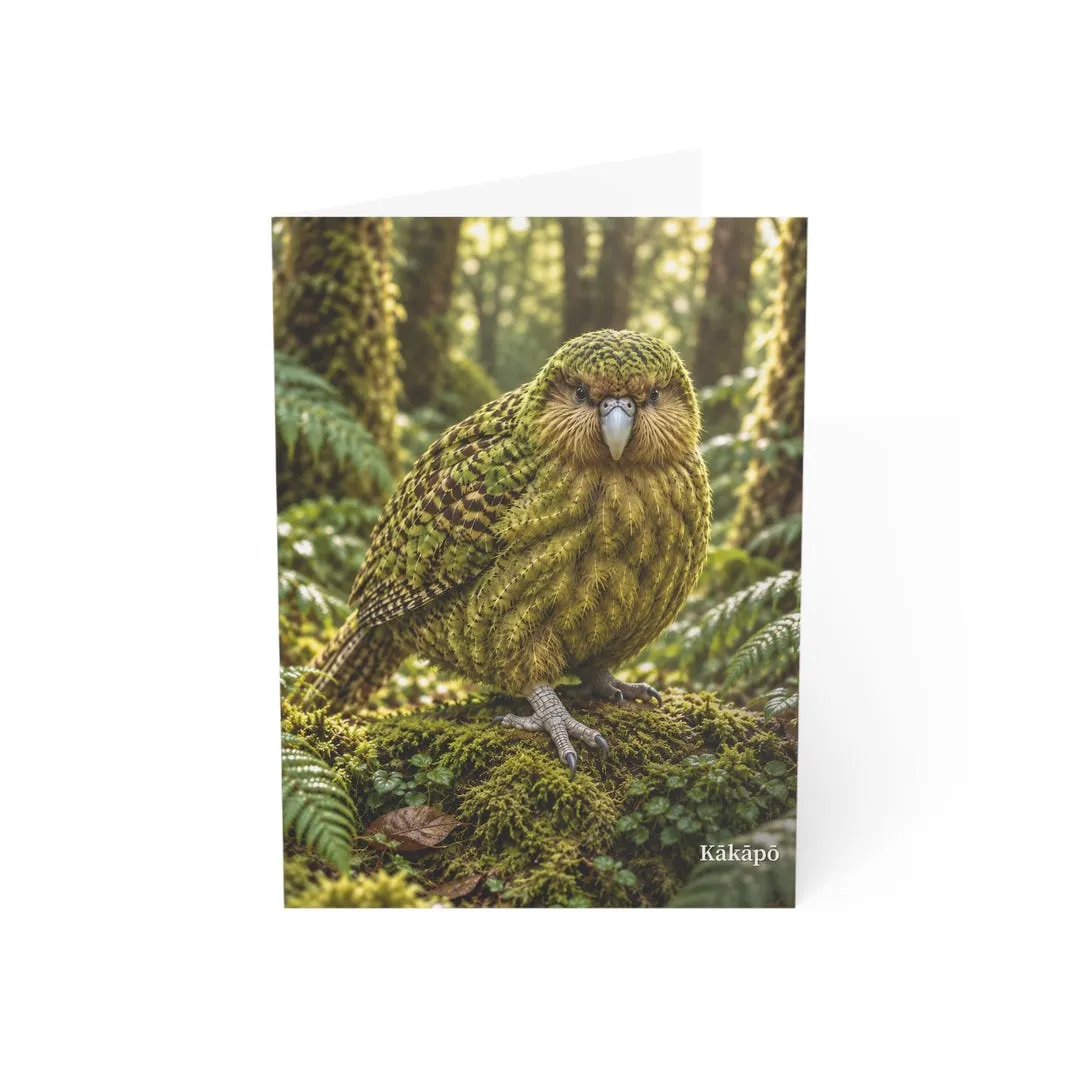 Kākāpō wildlife greeting card mockup with fern forest artwork on the front.
