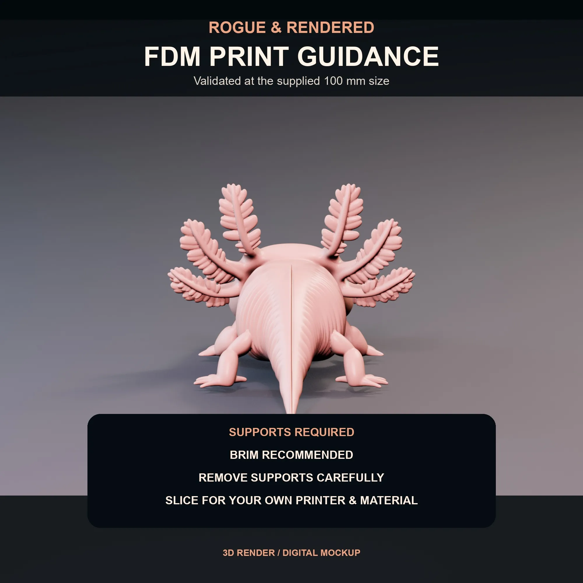 Print guidance graphic for support and brim preparation of the rosy axolotl STL.