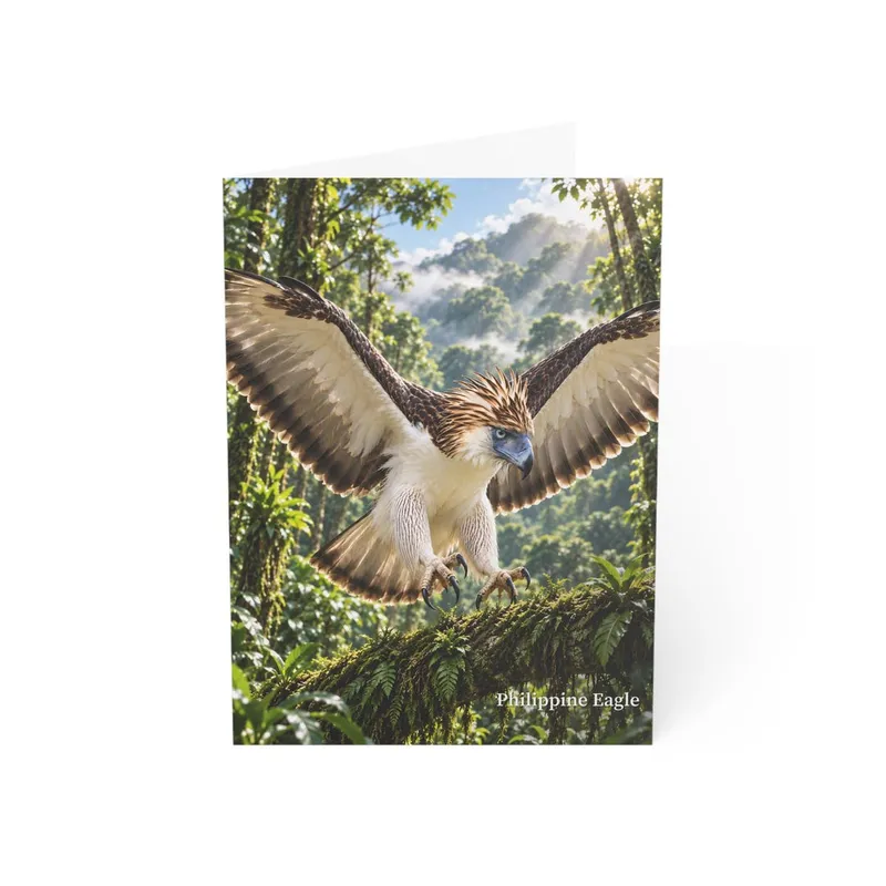 Philippine eagle wildlife greeting card mockup with forest flight artwork on the front.